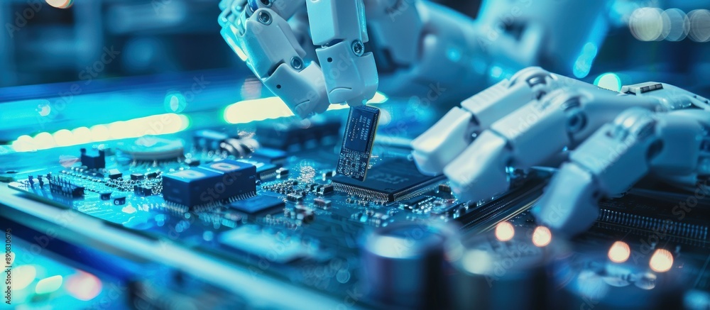 Poster robotic arm installing microchip on circuit board in bluelit factory