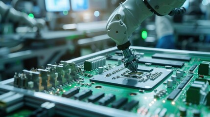 Robotic arm installing microchip on circuit board in factory production line