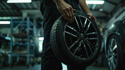 Obraz premium Automobile technician holds up a new tire for installation