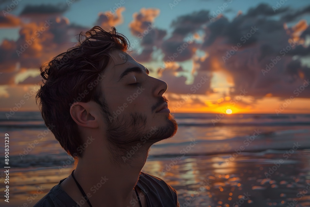 Wall mural man with eyes closed, standing on a beach with the sunset reflecting on the water