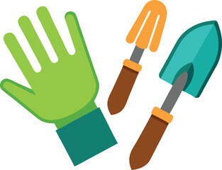 Obraz premium Colorful illustration of gardening tools, including glove, trowel, and fork on a plain white background. Perfect for gardening and agriculture themes.