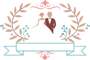 Elegant wedding illustration featuring bride and groom in a floral wreath with blank ribbon banner. Perfect for invitations and decorations.