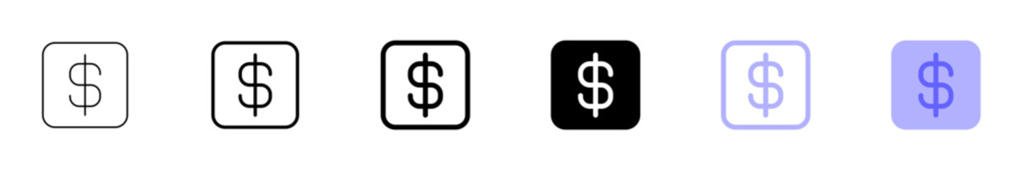 A set of versatile dollar sign icons in various styles, perfect for web and mobile app design