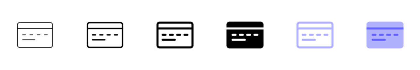 A set of diverse credit card icons, showcasing various design styles and color variations for versatile digital use. Ideal for banking, finance, e-commerce, and payment-related applications