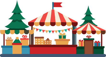 Obraz premium Illustration of a festive Christmas market scene with decorated stalls, gifts, and Christmas trees, evoking holiday spirit and cheer.