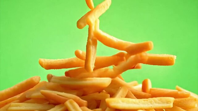 Fresh French Fries falling into a pile against a chroma key green screen.