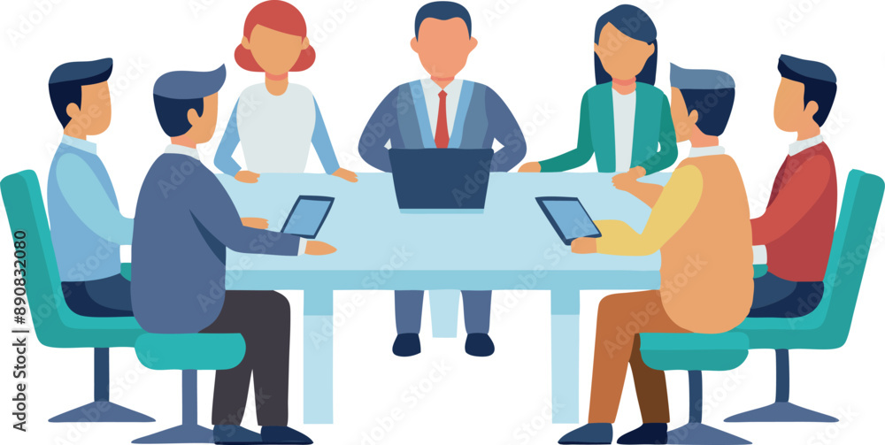Poster business meeting with a diverse team discussing strategies and collaborating around a table using la