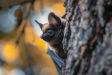 Obraz premium Close up of small bat clinging to tree