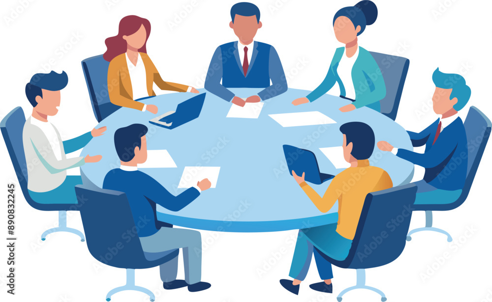 Poster team of professionals in a business meeting, discussing and collaborating around a round table with 