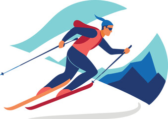 Fototapeta premium Vibrant illustration of a skier skiing downhill on a snowy mountain, showcasing dynamic movement and winter sports.