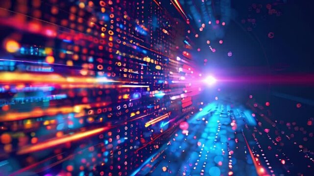 abstract technology background featuring vibrant, multicolored data streams and digital elements converging towards a bright light source