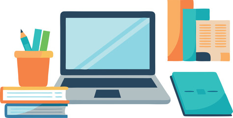Vector illustration of a laptop with books, stationery, and a notepad for educational or work-related concepts.