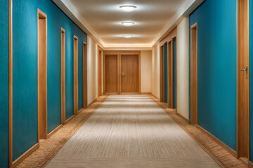 Carpeted corridor hallway interior with wooden walls