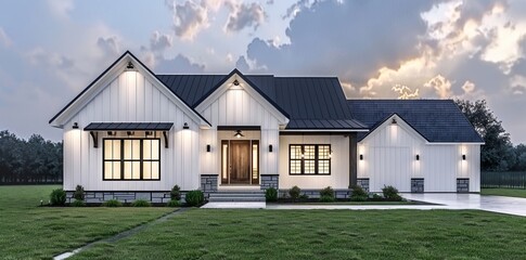 A modern farmhouse featuring a white exterior with large windows, illuminated by exterior lights, set against a colorful sunset sky with surrounding greenery.