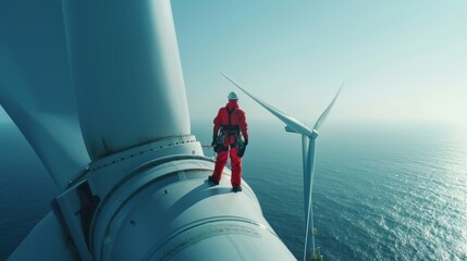A person in a red suit stands on a wind turbine high above the sea, highlighting the scale of renewable energy and human ingenuity in harnessing nature's power.