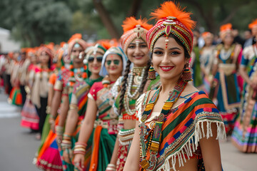Fototapeta premium Beautifully dressed women in traditional attire celebrating a cultural festival with vibrant colors, smiles, and joyful expressions.