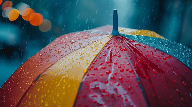 A vibrant multicolored umbrella shields from a downpour under urban streetlights, with water droplets and bokeh effects enhancing an atmospheric and contemplative mood.