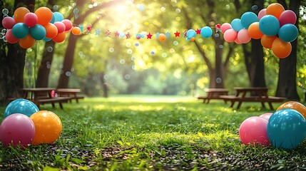 Festive birthday party invitation with an open area park decorated with balloons and picnic tables with a writing space in the center to include joyful birthday wishes and event details