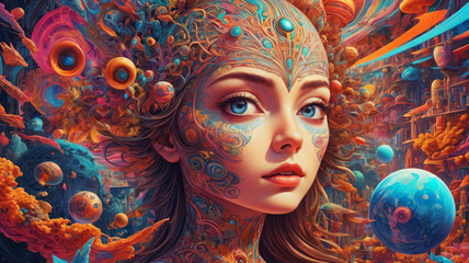 Surreal Abstract and Otherworldly Imagery, Psychedelic and Retro-futurism Woman's Face, Background, AI generative.	