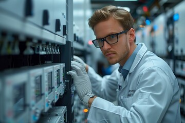 Technician Inspecting Electronic Equipment In A Modern Data Center