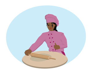 vector design of a female chef dressed in pink chef's clothing rolling out cake dough using a wooden rolling pin while holding up her thumb