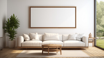 Bright and Spacious Living Room with White Sofa and Wooden Coffee Table