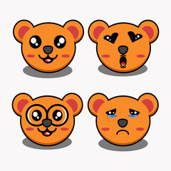 bundle of cute cartoon bear faces, mascot icons, emoji sticker designs. Teddy bear smiles, sad, wears glasses, face full of love, vector simple illustration