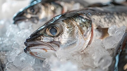 Fresh seabass on ice at market stall, realistic photo of sea fish sale for seafood enthusiasts
