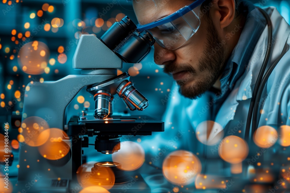Poster a scientist uses a microscope in a modern laboratory setting