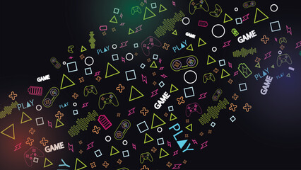 Game background with gamepad, joystick geometric pattern and graphic elements. Outline neon design vector illustration
