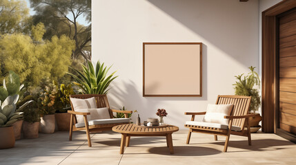 Stylish Patio Area with Wooden Chairs and Coffee Table Surrounded by Greenery Elegant Outdoor Design