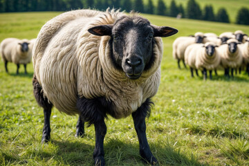 Sheep portrait on a green grass