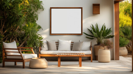 Elegant Outdoor Lounge with Wooden Furniture and Green Plants Cozy Seating in Tranquil Garden