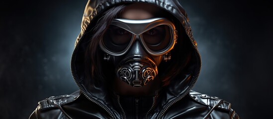 Fashion cyberpunk girl in leather hoodie jacket wears gas mask