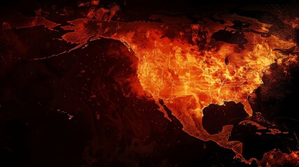 North america heatwave  red and orange heat haze in western and southern regions on dark background