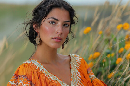 Portrait of an elegant woman in a vibrant orange dress outdoors. Generative AI image