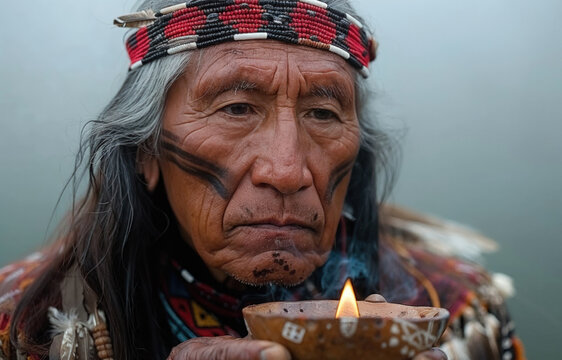 South American shaman performing ritual with lit candle. Generative AI image