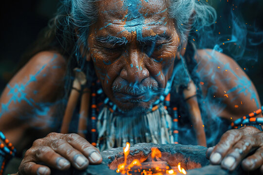 South American shaman performing a traditional fire ritual. Generative AI image