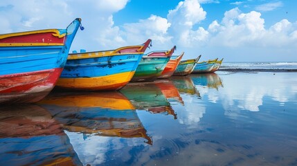 Fototapeta premium row of colorful fishing boat on Sri Lanka 