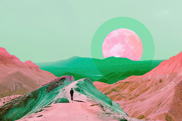 Surrealist collage with lone figure and oversized moon. Generative AI image