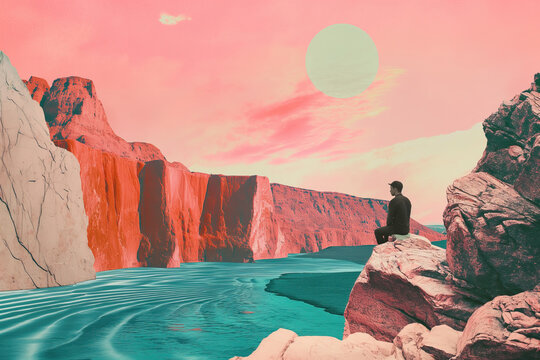 Man contemplating in a vivid surreal landscape. Generative AI image