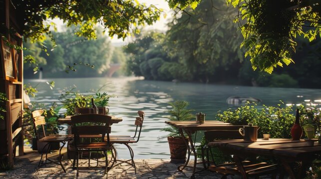 Relaxing bossa nova ambiance for a productive study session at a tranquil riverside cafe