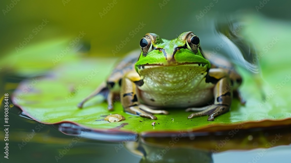 Poster macro shot of a frog on a lily pad.