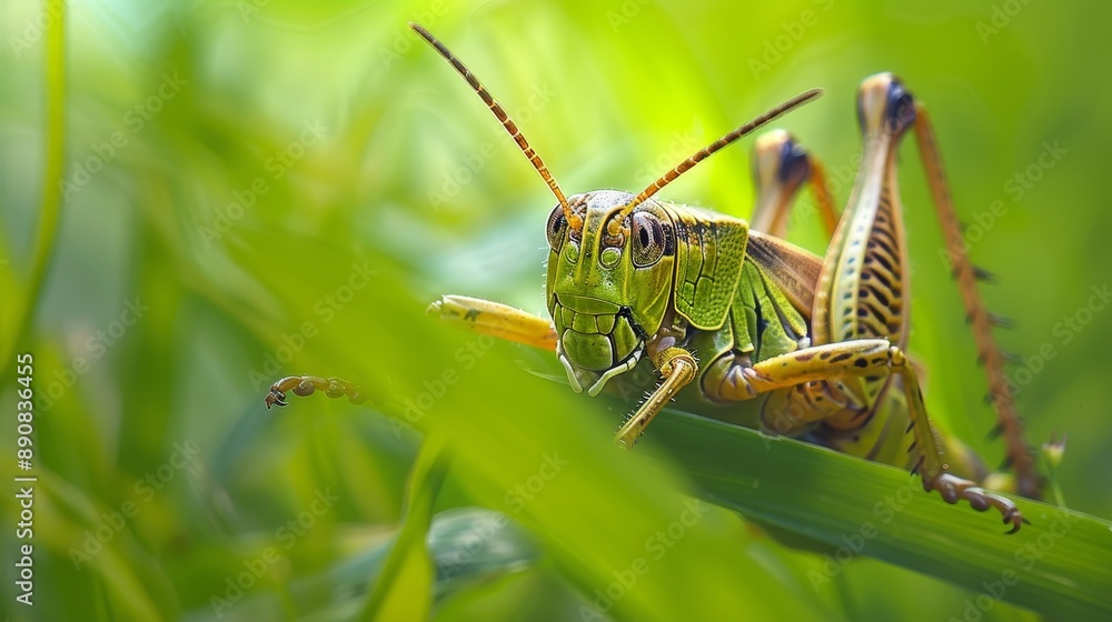 Poster macro shot of a grasshopper on a blade of grass.