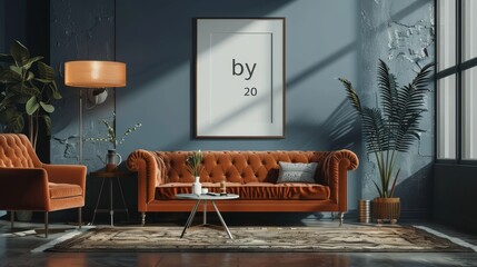 Classy living room with an orange sofa, chic decor, blending sophisticated modern and vintage elements seamlessly.