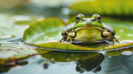 Green Frog Resting on Lily Pad in Pond