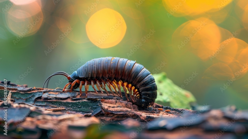 Poster macro shot of a millipede on a log.