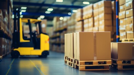 Warehouse forklift moving boxes near pallet in storage area, containers logistics scene