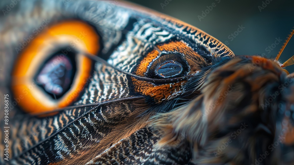 Poster close-up view of a colorful butterfly's eye and wing patterns in a natural environment during daytim