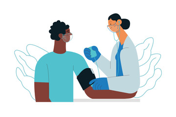 Female Doctor and Male Patient with Blood Pressure Measurement Machine in Medical Office or Laboratory. Blood Pressure Procedure. Modern Flat Vector Concept Illustration.